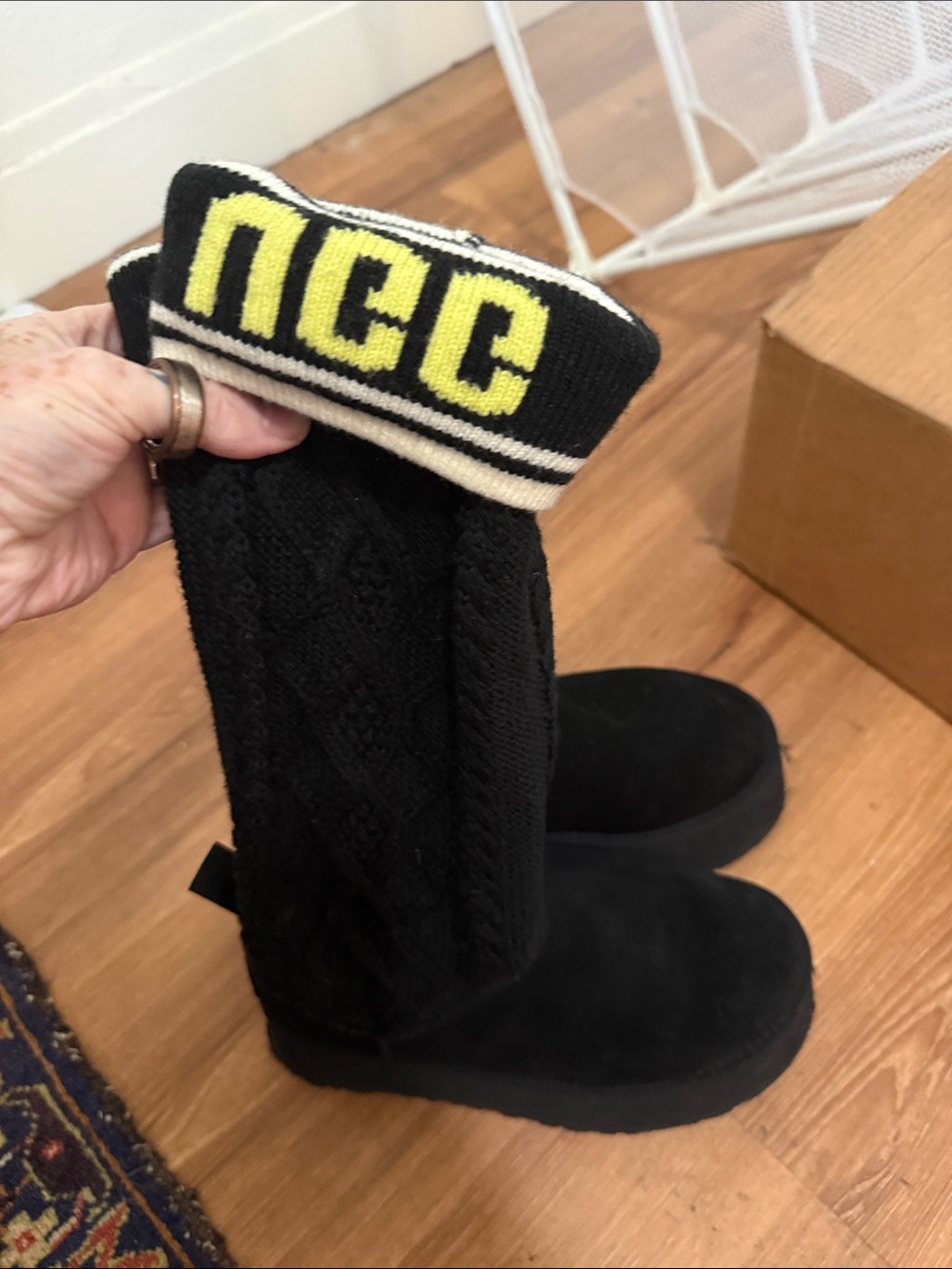 UGG Black Knit-Top Boots, Yellow Logo Cuff, Leather shoe upper, platform sole
